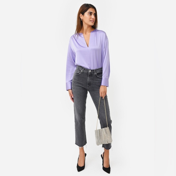 NWOT Vince Smocked Shoulder Long Sleeve Satin Blouse in Lily Stone Size XL - Picture 4 of 16